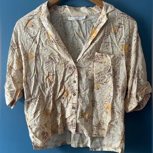 Prana Cream Button-Front Floral Blouse with Mustard and Brown Accents